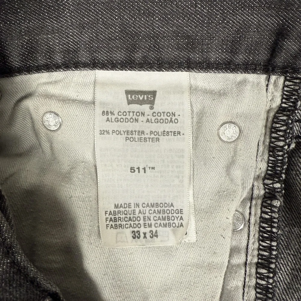 Levis Jeans Mens 33x34 Charcoal 511 Slim Fit Casual Denim Logo Preppy 5‎ Pocket